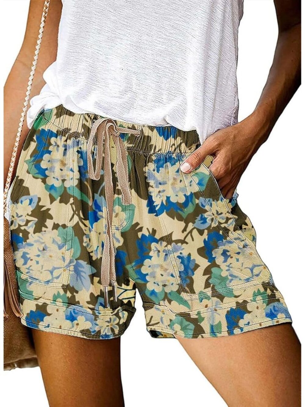 〽️Women's Casual Shorts Cream Brown Flower Drawstring Waist Classic with Pockets